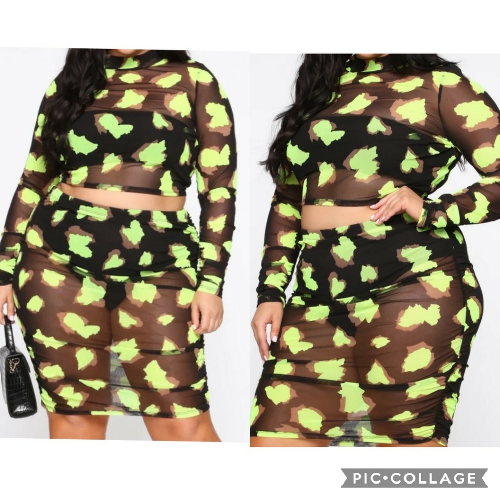 Plus size neon mesh skirt set